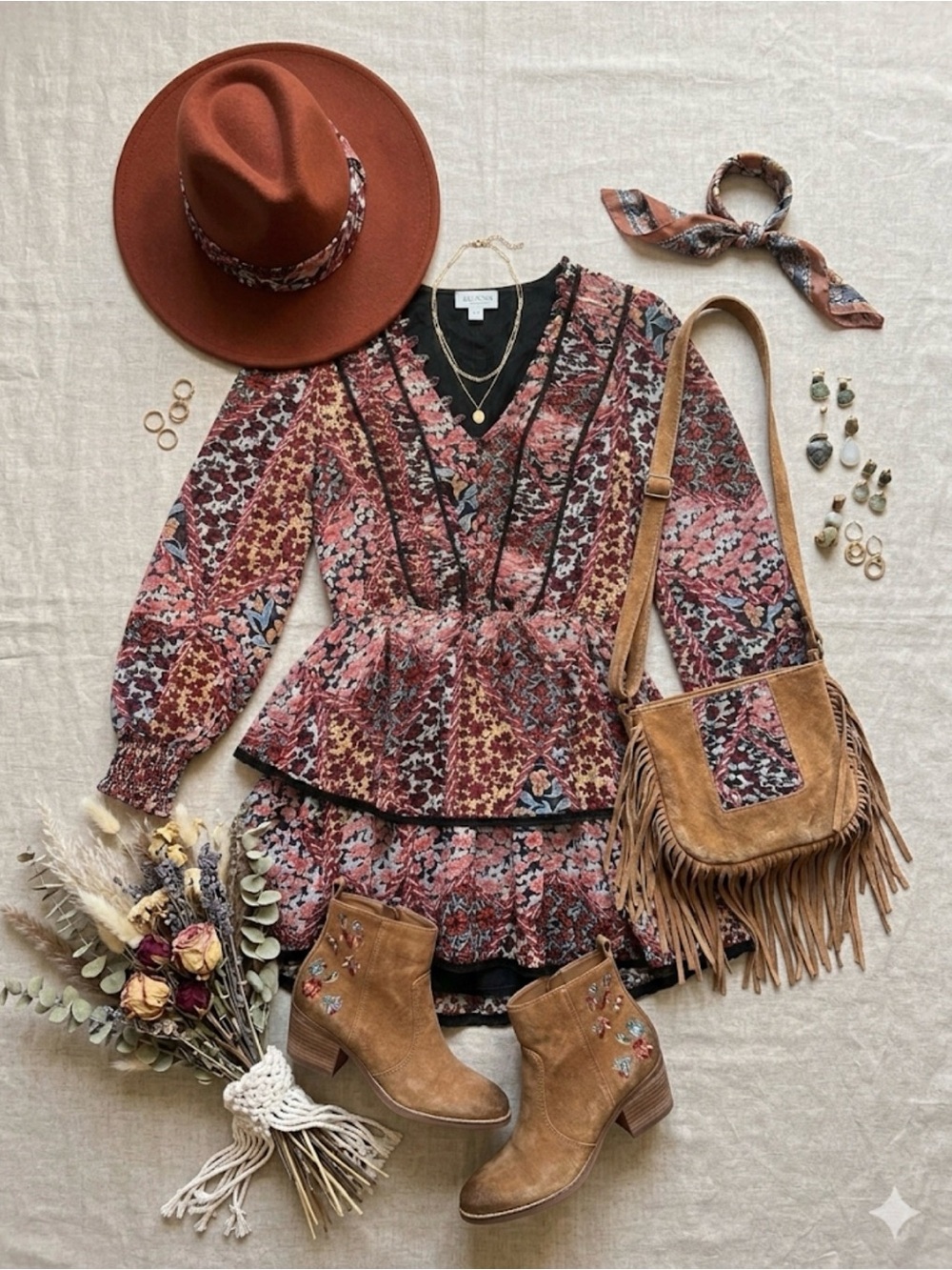 Allison New York Michelle Boho Floral Tiered Ruffle Mini Dress Whimsical Sz S